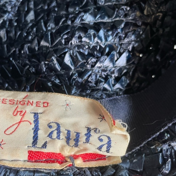 Vintage Designed by Laura Hat Sz S Weave Straw Hat Navy  50s/60s Lace Pillbox - Picture 3 of 8